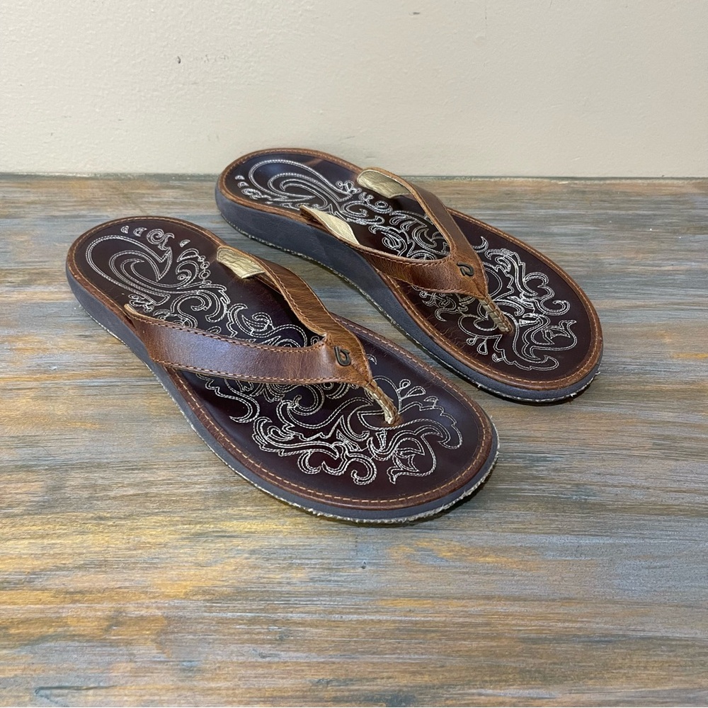 OluKai Brown Sandals with Embroidered Design